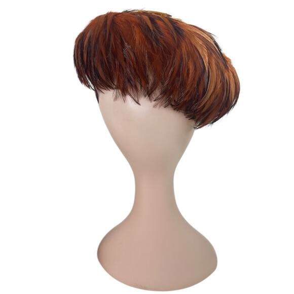 Vintage 1940s Feather Tilt Hat Brown Pheasant Rooster Hollywood Glam Millinery - Picture 6 of 8